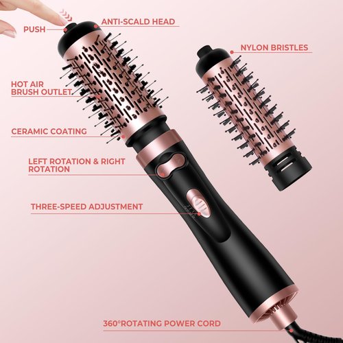 3 in 1 Rotating Hair Dryer Brush, Auto Rotating Blow Dryer Brush Spinning with 2 Brushes (2" & 1.5"), Negative Ionic Brush Blow Dryer, Round Brush Blow Dryer Volumize Curling 100-120V