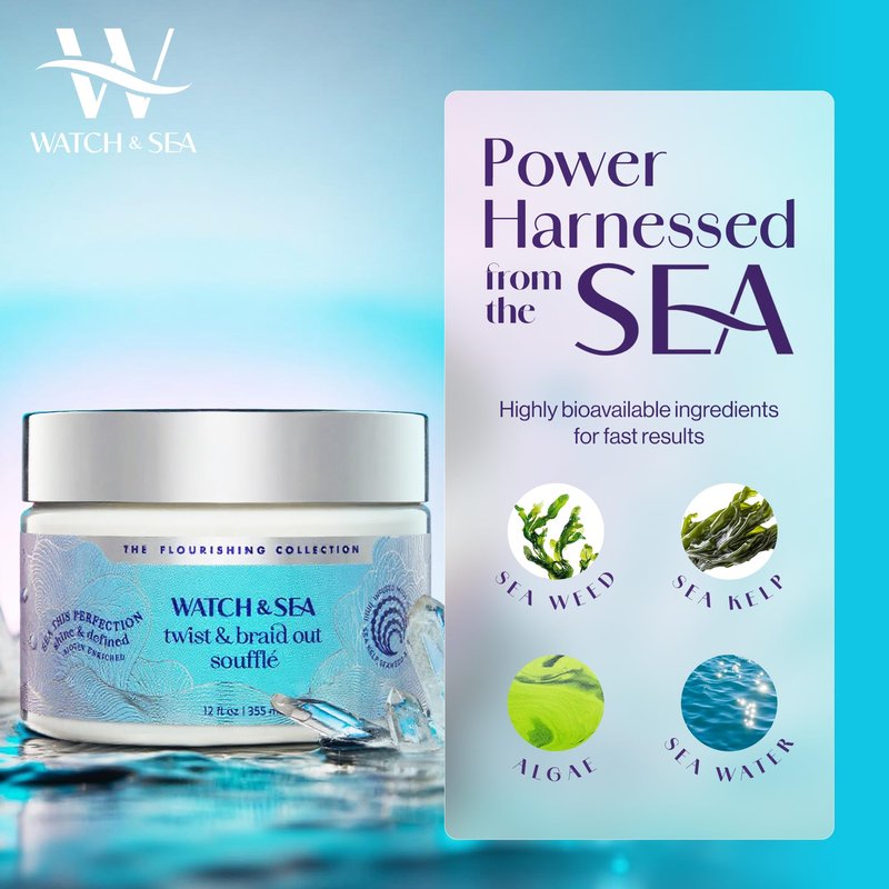Watch & Sea Twist & Braid Out Soufflé - Nourishing Ingredients with Seaweed and Sea Kelp - Twist and Braid Cream for All Hair Types - 12 oz