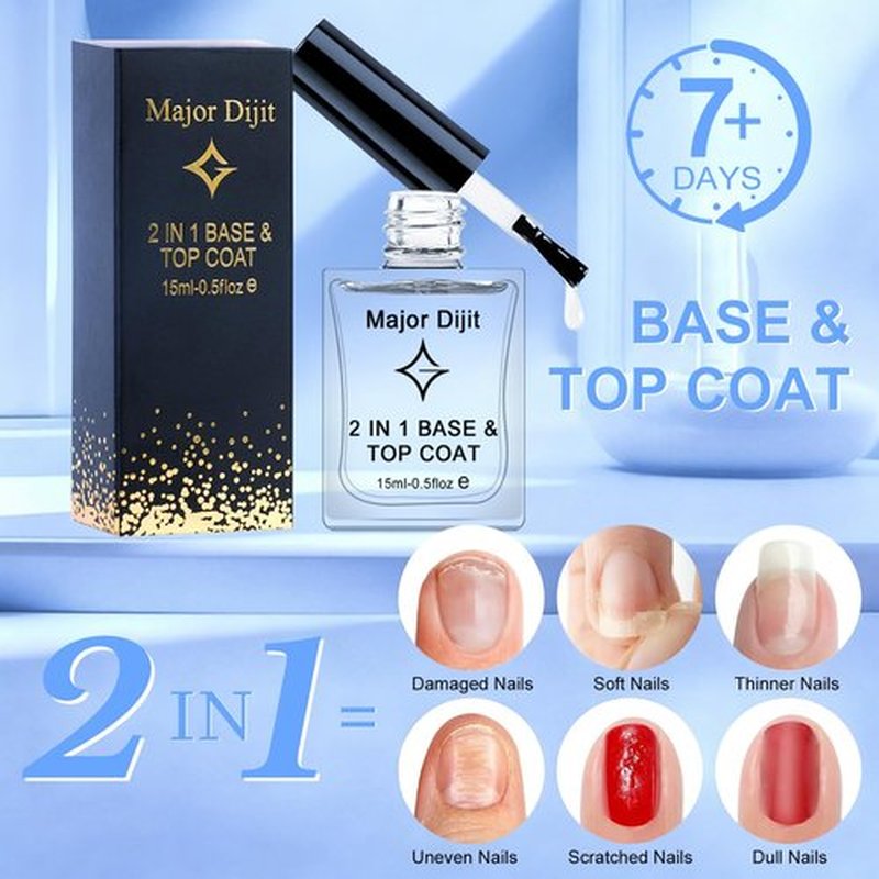 Major Dijit Clear Base & Top Coat 2-in-1 Nail Polish - Quick Dry, Long-Lasting High Gloss Formula | 0.5 Fl Oz