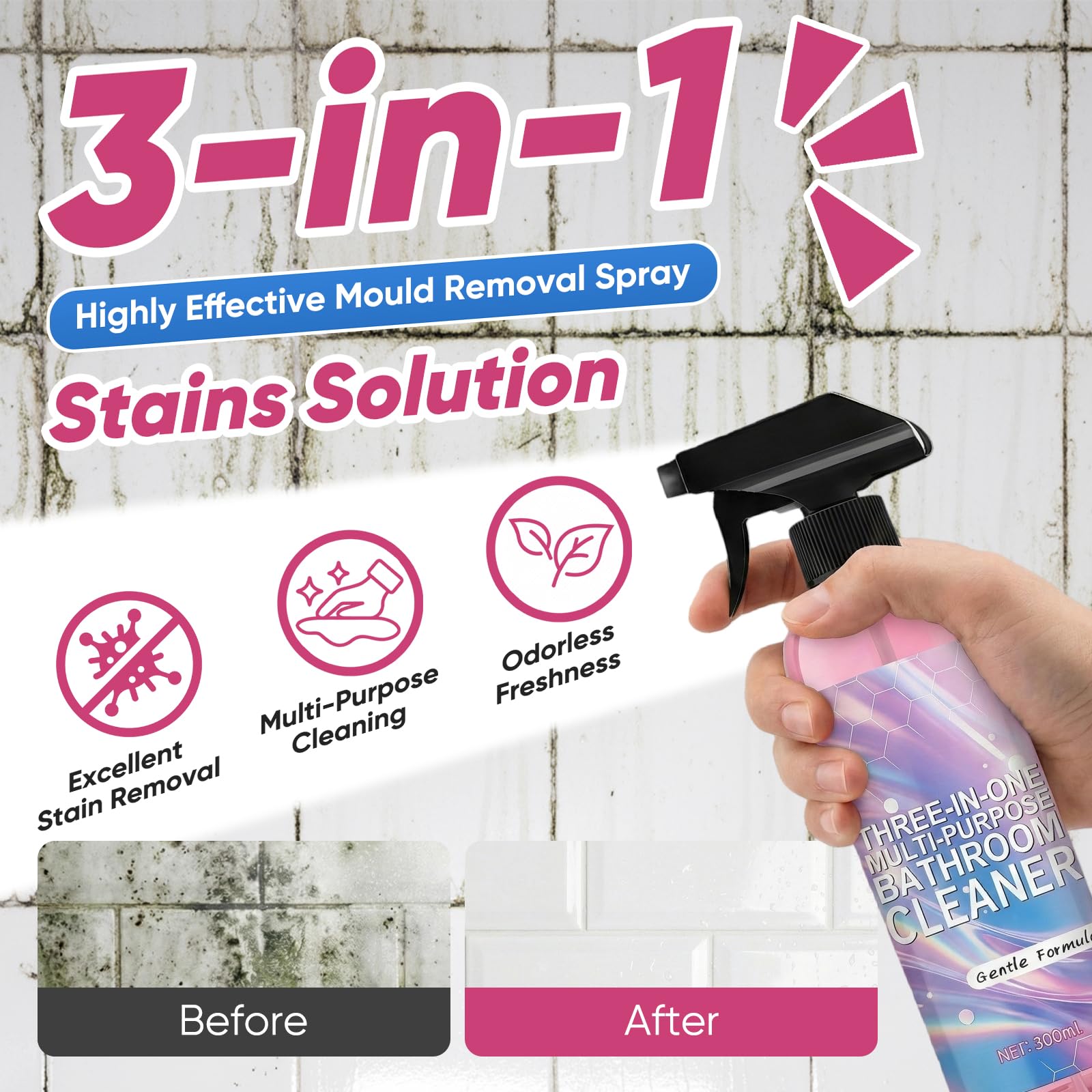 jioijioi Bathroom Descaler Foam Cleaner,Powerful Pink Bathroom Cleaner Spray,Bathroom Descaler Cleaner,Stubborn Stains Cleaner,All-Purpose Bathrooms Descaler Foam Spray(300ml)