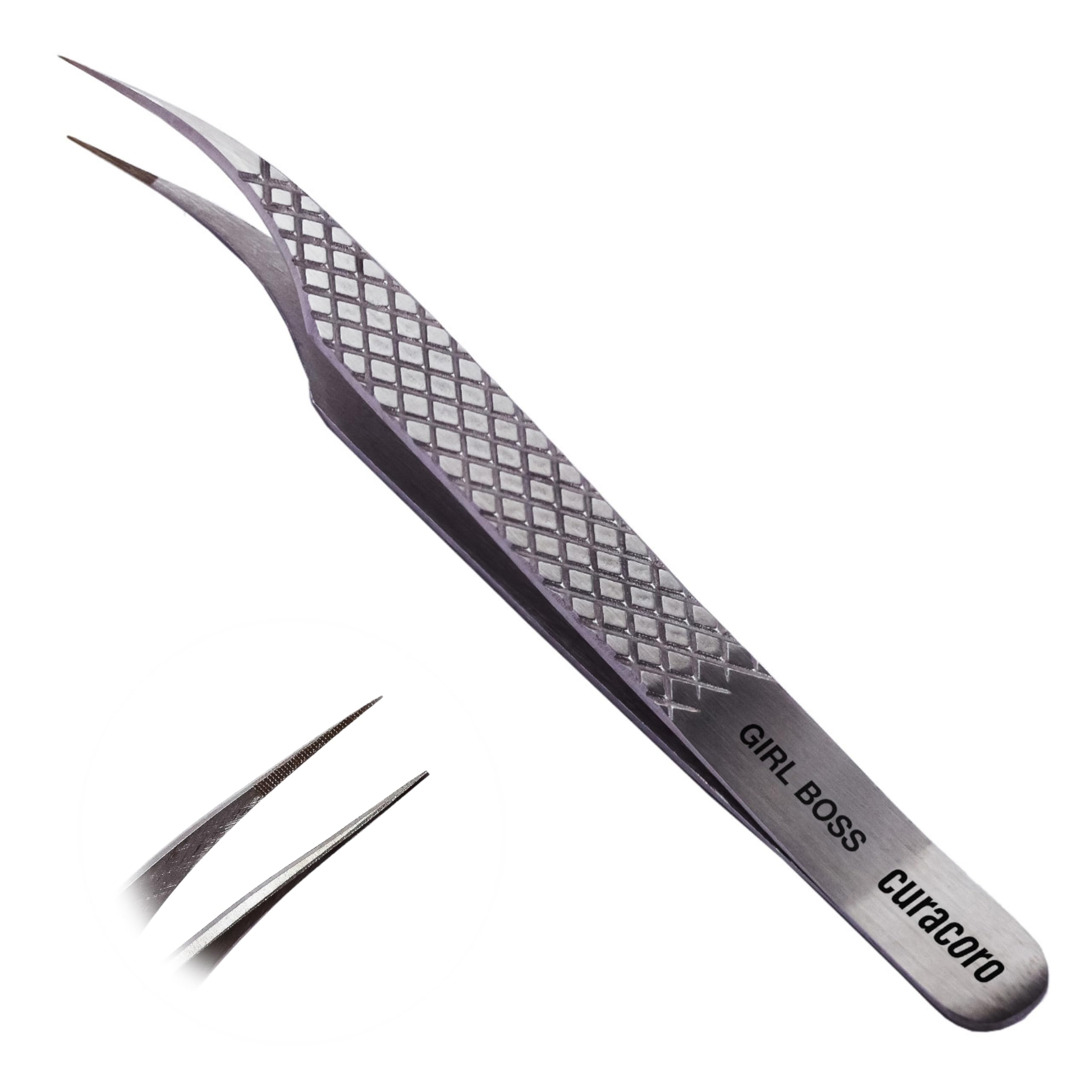 Curacoro Lash Tweezers, Fiber Tip Grip (Silver, Girl Boss)