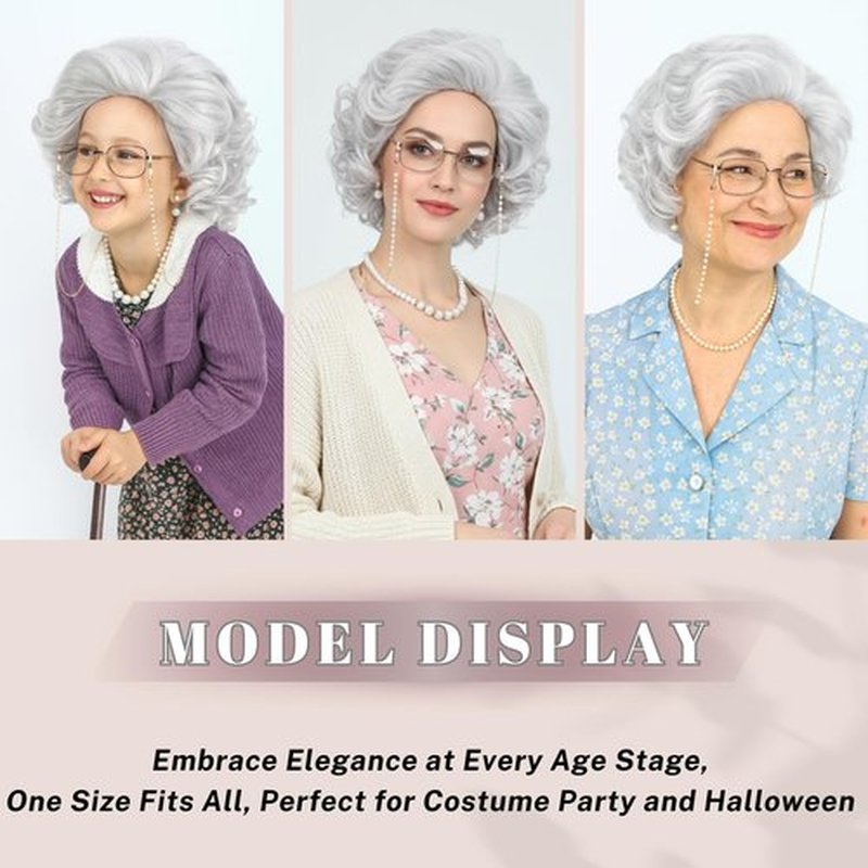 Bettecos Old Lady Wig Costume Set for Women Short Curly Grandma Wig and Glasses Silver White Granny Wigs for Old Woman Cosplay Halloween Party (Silver White/Old Lady)