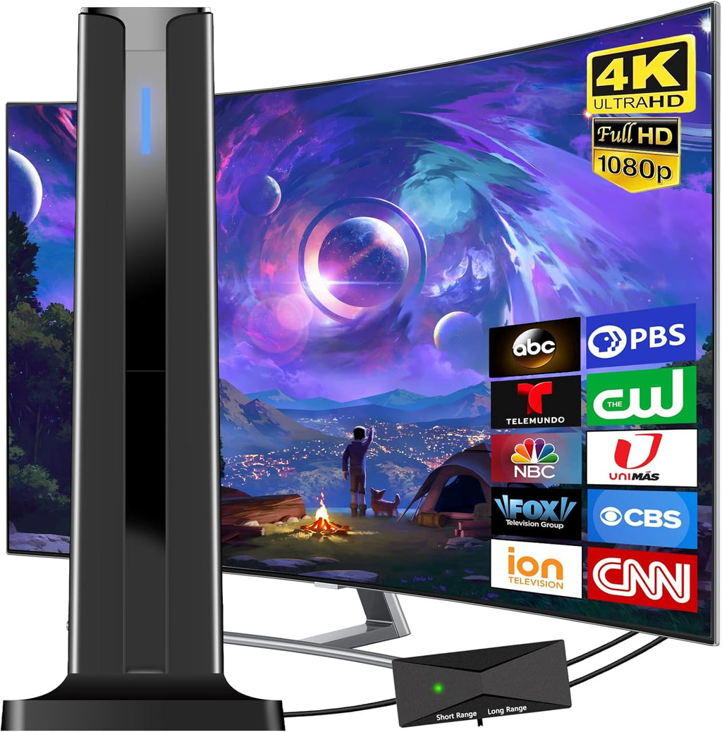 Digital Antenna for Smart TV Indoor, 2026 HD Antennas with 3M-Stick Base, 360°&Long Range Reception 4k 1080p for Local Channels, Easy Setup Antenna for TV Without Cable (Black)