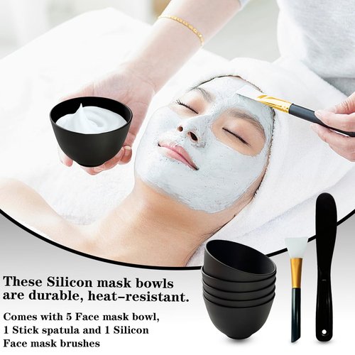 Bigwinyep 7Pcs Silicone Mixing Bowls, Silicone Bowls for Facials, DIY Face Mask Mixing Bowl for Home Salon Spa Face Skin Applicator Bowl, Black