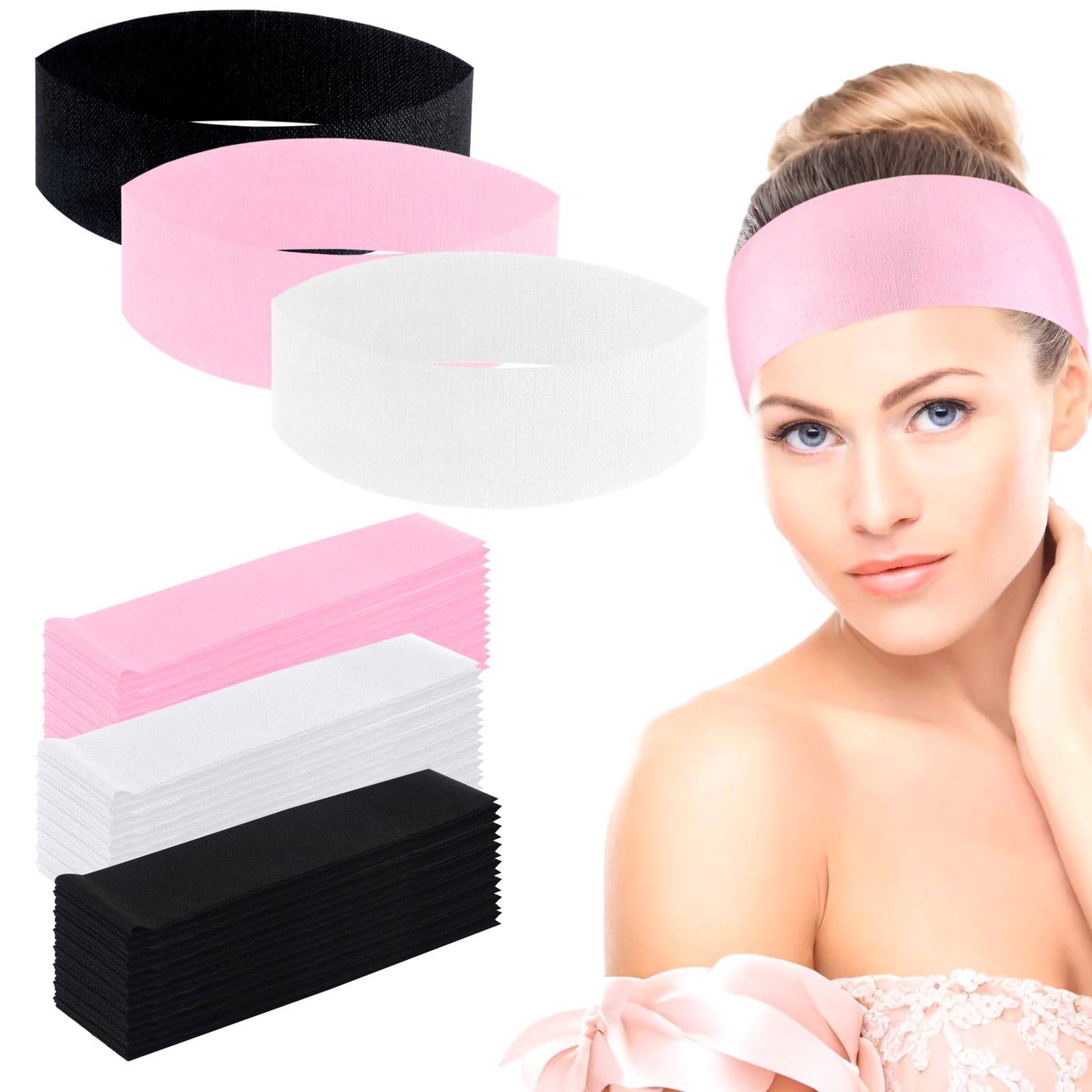 WILLBOND 200 Pieces Disposable Spa Facial Headbands Stretch Non Woven Facial Headband Skin Care Hair Band with Soft Convenient Closure for Women Salons (White, Pink, Black)