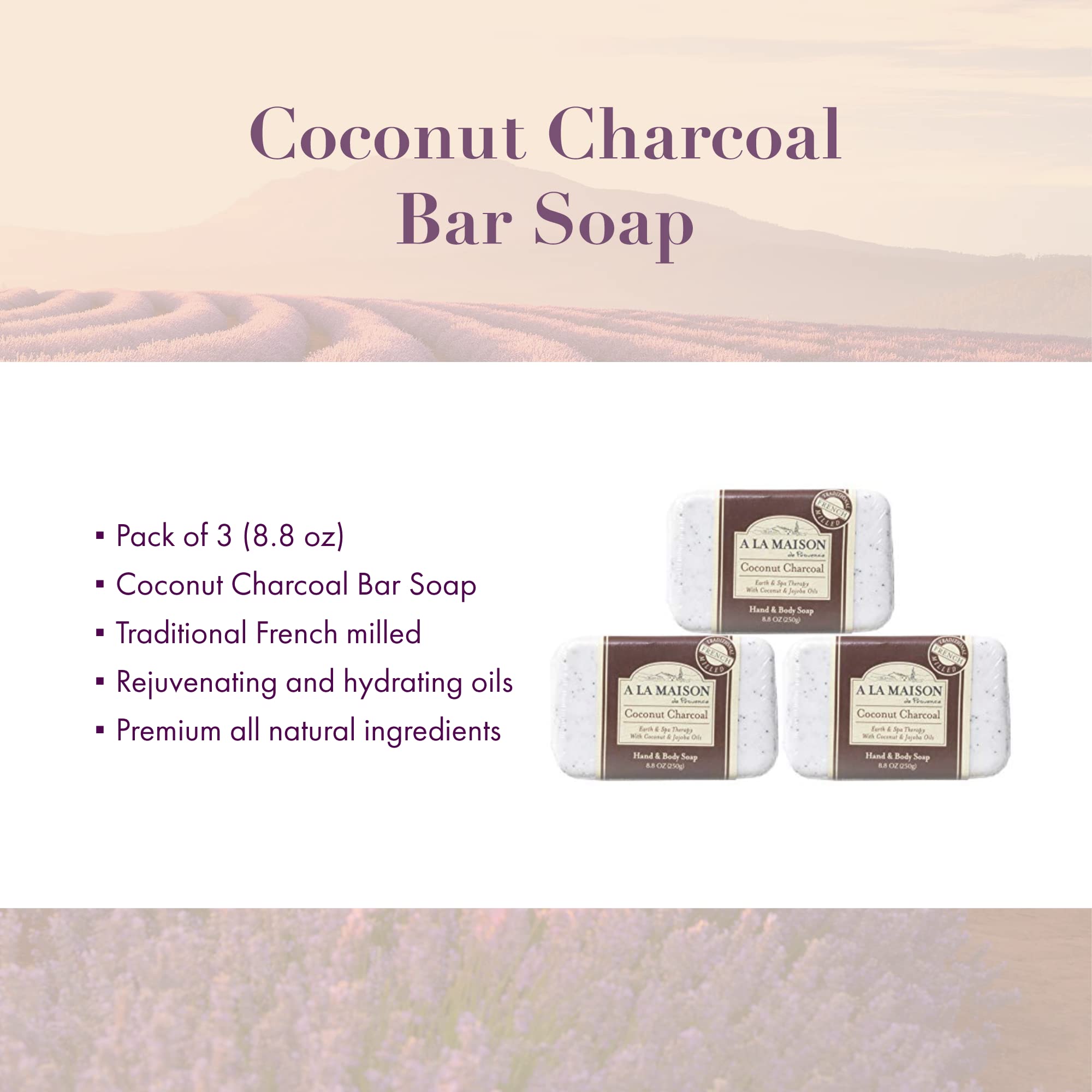 A LA MAISON Coconut Charcoal Bar Soap - Triple French Milled Natural Moisturizing Hand Soap Bar (3 Bars of Soap, 8.8 oz)
