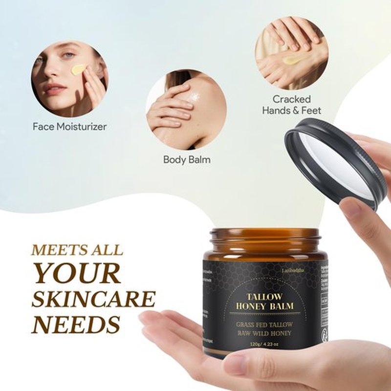 Lazibudgha Beef Tallow for Skin, Tallow and Honey Balm for Face, Grass-Fed Tallow for Body, Deep Nourishing 4.2 oz / 120g