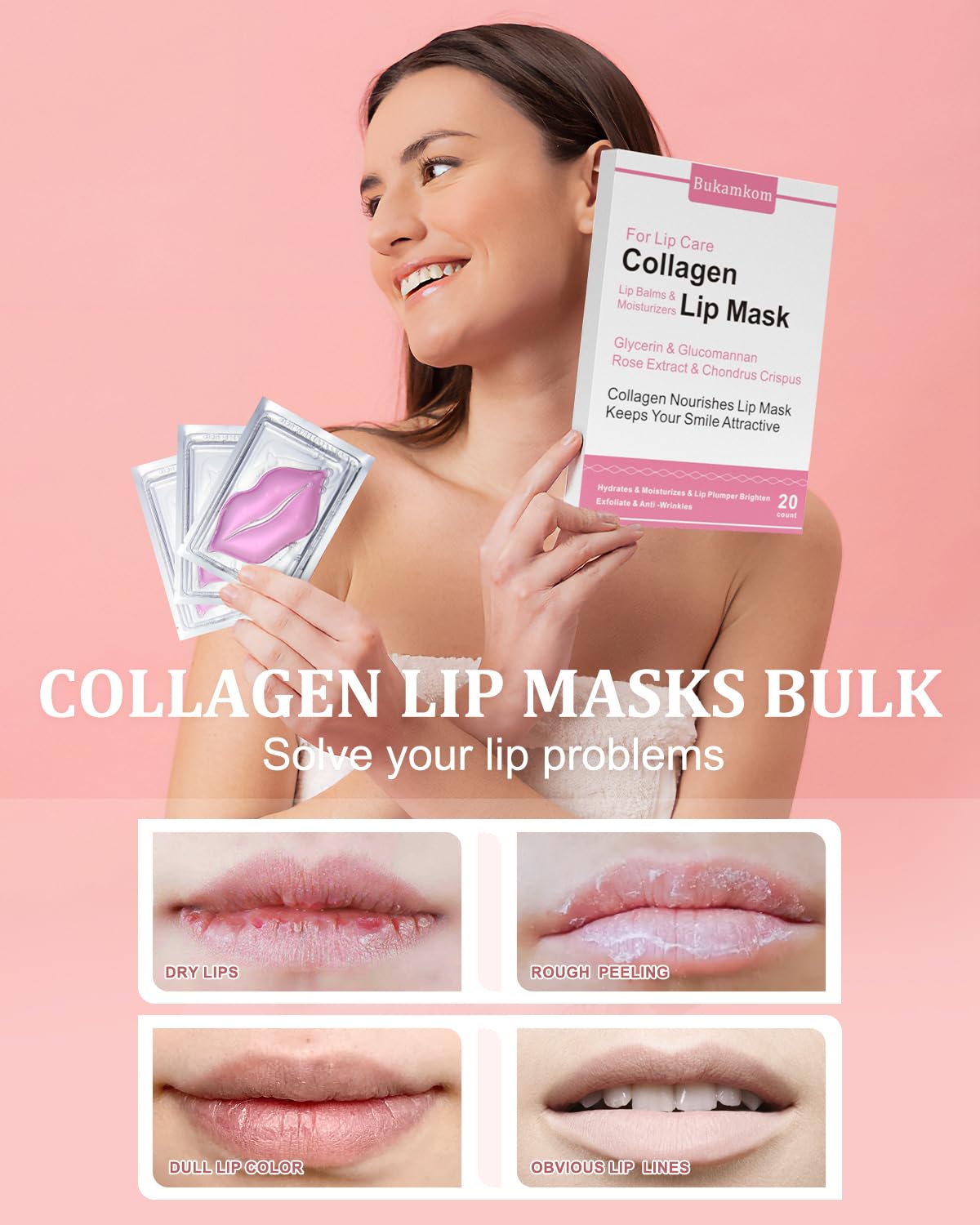 Bukamkom Collagen Lip Masks Bulk(20 Pieces/Box),Lips Mask Sheet to Reduce Dark Lips to Remove Dead Skin Moisture,Bulk Lip Masks Individually Wrapped
