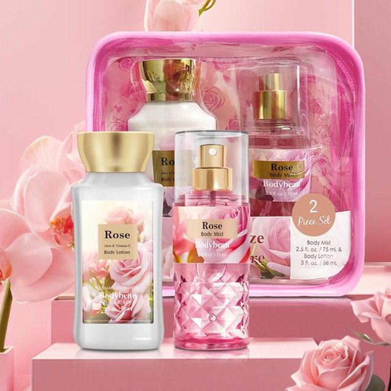 Bath and Body Gift Set for Women & Girls, Rose 2PCS Set for - Body Lotion, Body Mist, Personal Portable Body Care Travel Set for Birthday Mother's Day Gifts for Her and Him