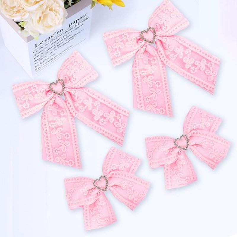 4 Pack Girls Hair Bow Clips - 2 Layer Lace & Grosgrain Hair Bows with Rhinestones | 3.5 Inch Non-Slip Alligator Clips Barrettes Hair Accessories for Braids, Pigtails, Weddings & Birthdays - Pink