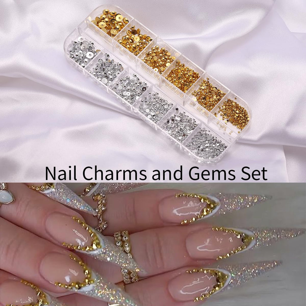 zgiraloca Gold Plated Nail Charms Kit - 3 Pack Mixed 3D Butterfly，Rhinestones, Pearls, Gems, Flowers & Bows for Nail Art Design(Silver&Gold B)