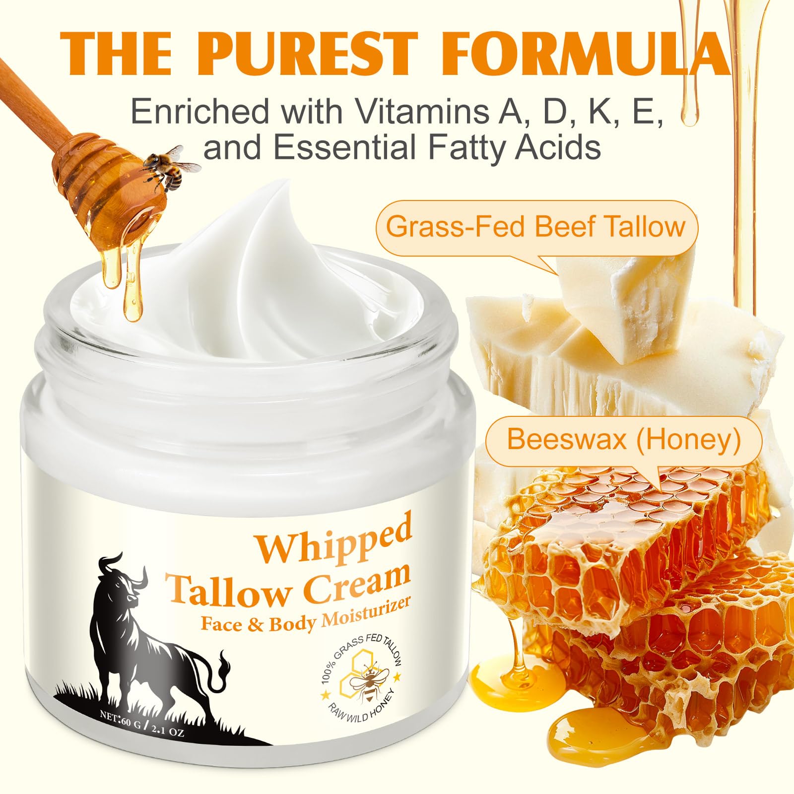 Beef Tallow for Skin 2.1 OZ - Suitable for Sensitive Skin, Grass Fed Tallow Deeply Nourishing for Face & Body. Whipped Tallow Cream and Honey Balm Face Moisturizer.