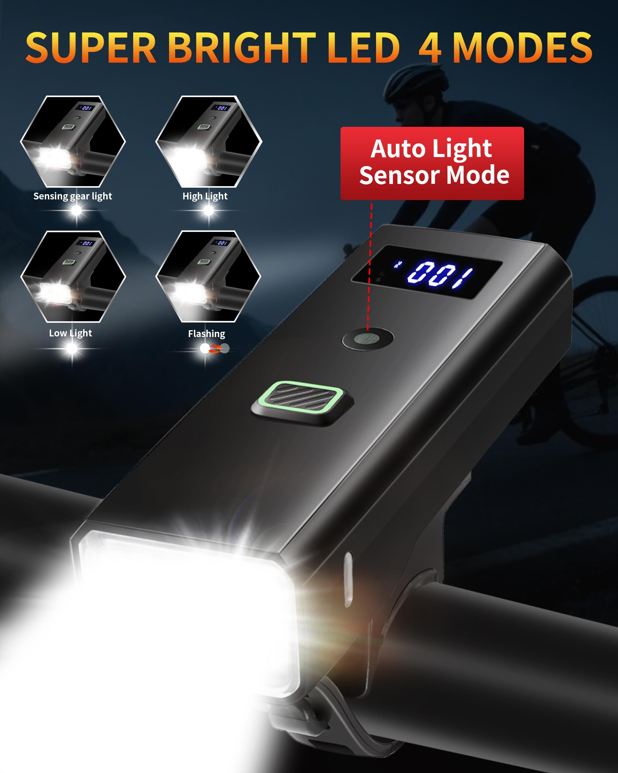 DARKBEAM Bike Light, High Lumens Super Bright Bicycle Front Headlight USB Rechargeable, Waterproof Cycling Lights 4-Mode for Night Riding, Road, Mountain, Safety, with LED Display & Light Sensor