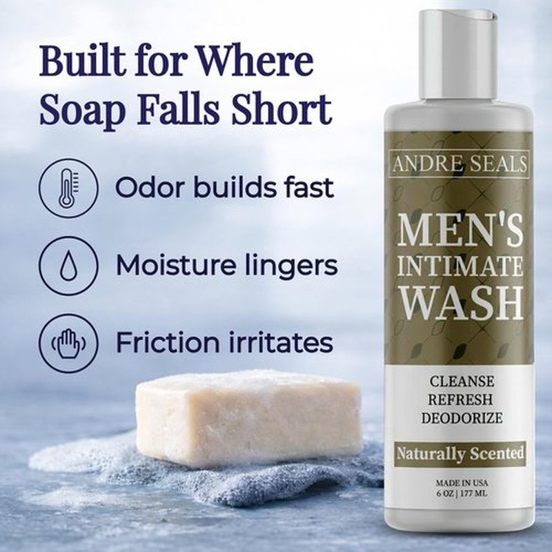 Andre Seals Intimate Wash for Men – Gentle Male Hygiene Cleanser with Aloe & Tea Tree, Rich Lather for Daily Freshness