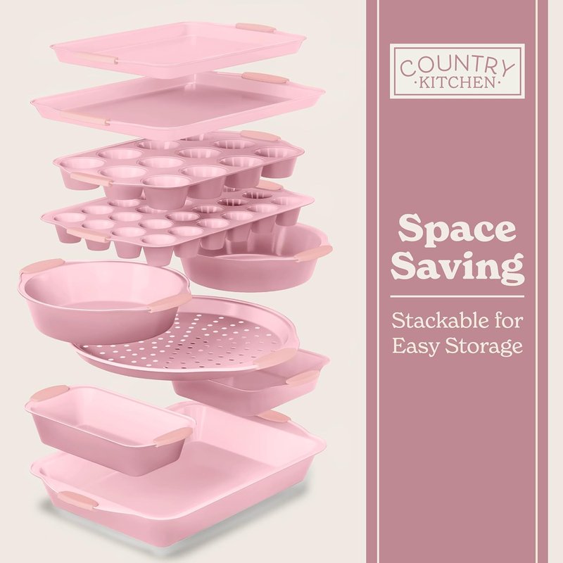 Country Kitchen Nonstick Bakeware Set - Heavy Duty, Easy Release, Stackable, Pink | 10 Pieces