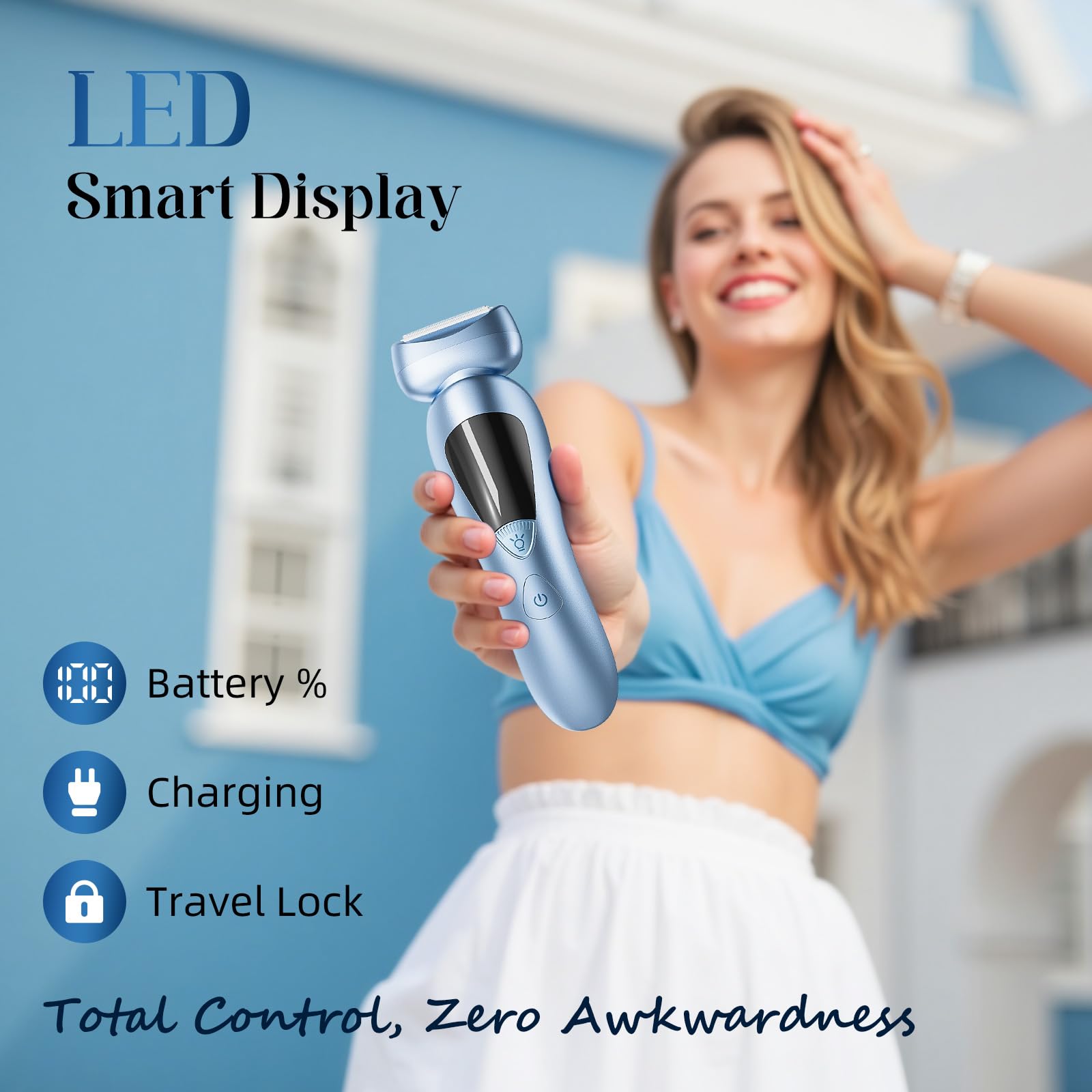 rategist Cordless Electric Razors for Women: Rechargeable Painless Bikini Trimmer for Body Hair - 𝐈𝐏𝐗𝟕 𝐖𝐚𝐭𝐞𝐫𝐩𝐫𝐨𝐨𝐟 Shaver with 𝐋𝐄𝐃 𝐃𝐢𝐬𝐩𝐥𝐚𝐲 for Face/Underarm/Leg Deep Blue