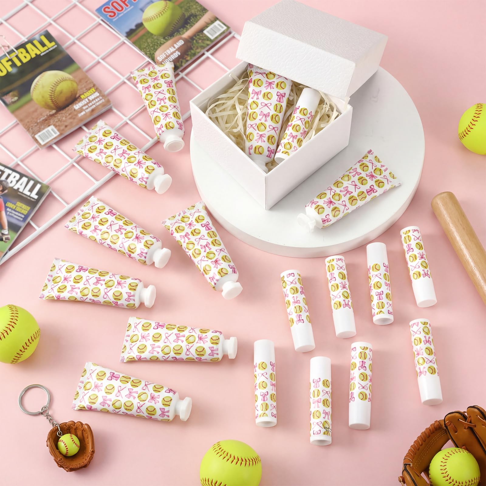 Loopeer 20 Sets Softball Team Gifts for Girls Pink Bowknot Softball Lip Balm Hand Cream Set Party Favors Sports Ball Team Members Gifts Bulk for Sports Party Supplies