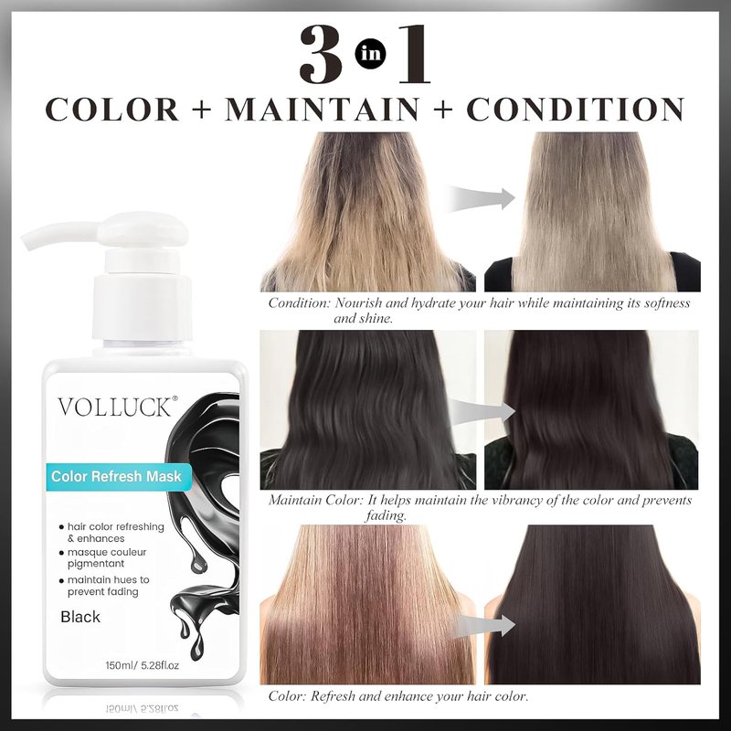 VOLLUCK Color Depositing Conditioner - 3-in-1 Cruelty-Free Hair Mask for Shine & Softness | Black, 5.28 Fl Oz