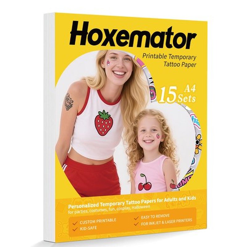 Hoxemator Temporary Tattoo Paper for Laser/INKJET Printer, 8.5"X11" 15 Sheets Printable Tattoo Transfer Paper, DIY Tattoos Stickers for Adult, Kids, Personalized Tattoo Custom Images for Party