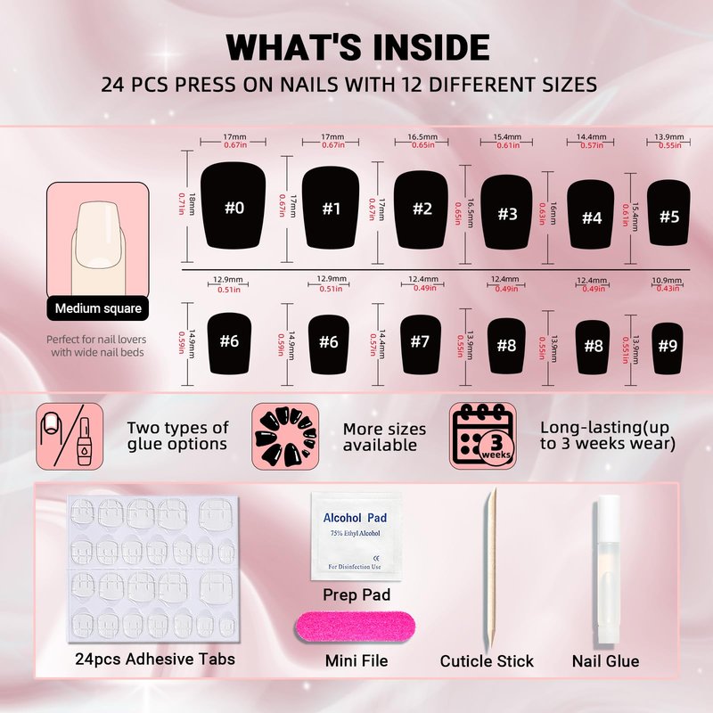 Wooyas Cat Eye Press on Nails, 9D Glitter Black Square Handmade Short Fake Nails with Purple Glitter Design, Glossy Salon Perfect Magnetic Gel Nails in 12 Sizes - 24 Pcs Nails Kit for Woman