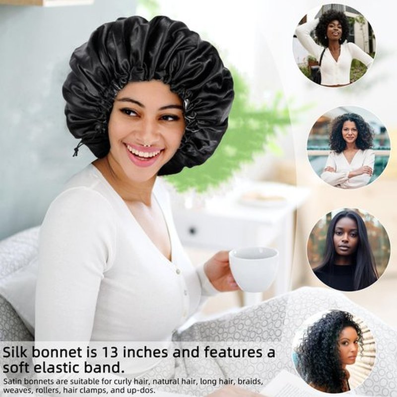 Satin Silk Bonnet for Curly Hair Bonnet Braid Bonnet for Sleeping Bonnets for Women Large Double-Layer Adjustable(Black&Champagne)