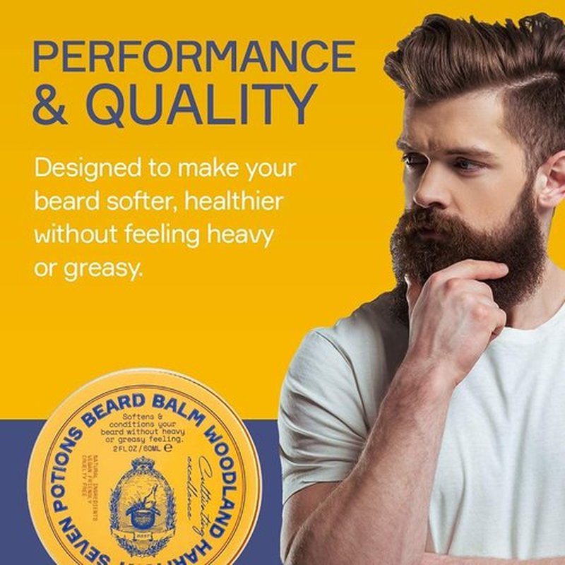 Seven Potions Beard Balm - 100% Natural Softener with Jojoba Oil for Nourished, Shiny Beards | 2 oz. Woodland Harmony