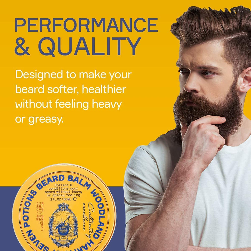 Seven Potions Beard Balm 2 oz. 100% Natural Softener with Jojoba Oil - Nourishes, Softens, Stops Itch, and Leaves Healthy Shiny Beard (Woodland Harmony)
