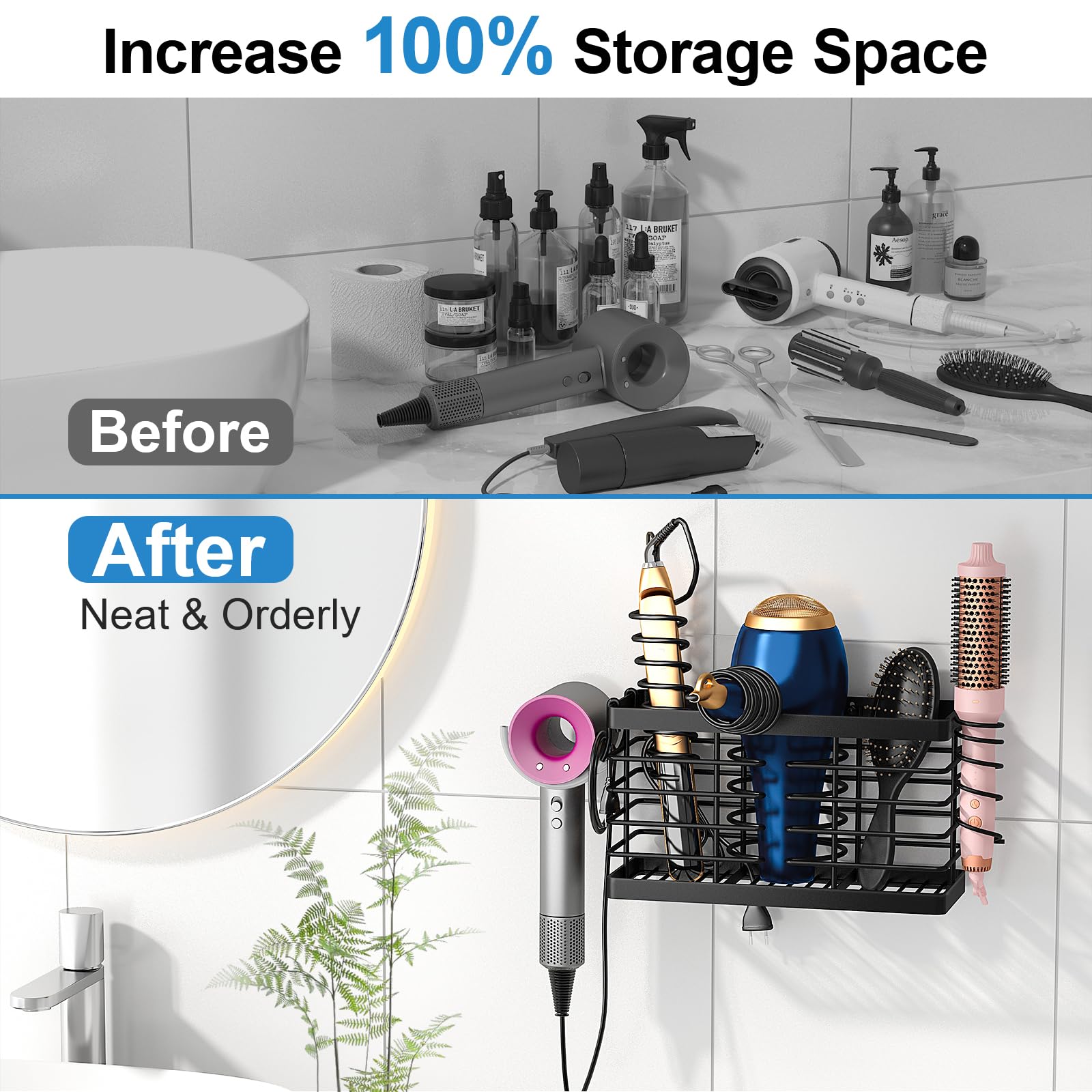 Sevenblue Hair Tool Organizer, 2026 Upgraded 3-in-1 Universal Hair Dryer Holder, Adjustable Height Metal Blow Dryer Holder Wall Mounted/Over Cabinet Door/Free-Standing (Black)