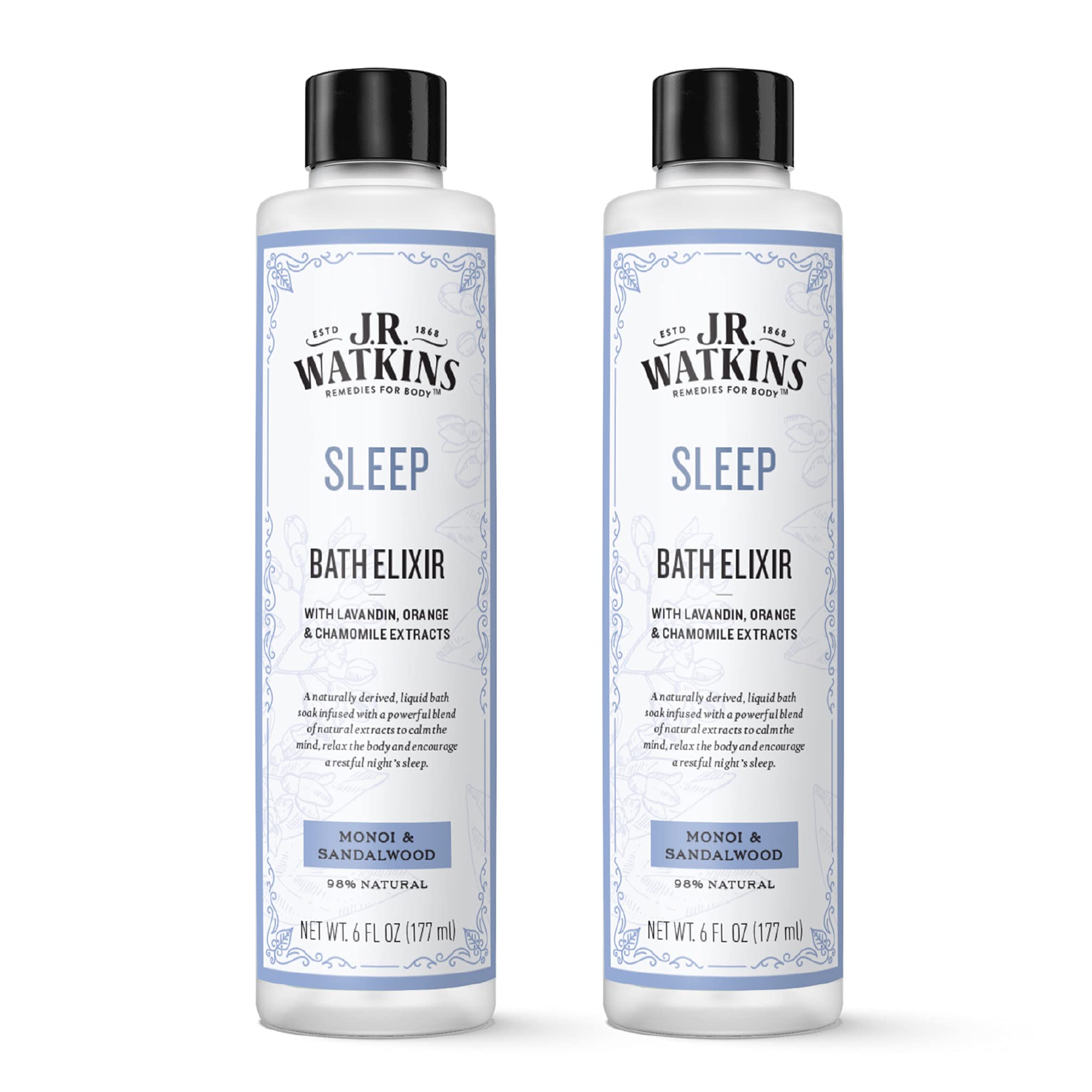 J.R. Watkins Sleep Bath Elixir, Liquid Bath Soak, Monoi & Sandalwood with Natural Extracts, No Salt, No Residue, 6 oz (Pack of 2)
