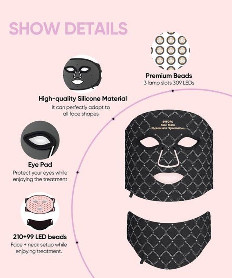 EVFOFO Red Light Therapy Mask for Face and Neck, 7-Color LED Face Mask Light Therapy with 850nm NIR -Professional Red Light Therapy for Face, Skin Rejuvenation, Anti-Wrinkle & Firming at Home
