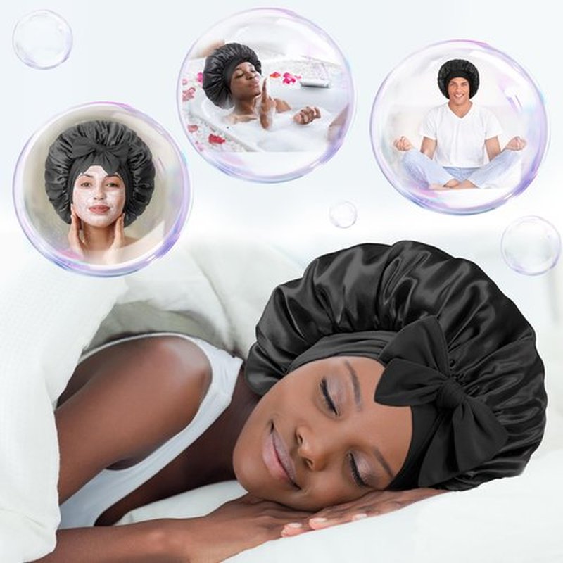 Double Layered Silk Satin Bonnet with Tie for Sleeping Black Women, Wide Band Large Hair Wrap Sleep Cap Bonnet for Curly Hair Braid, Black Wine-Red