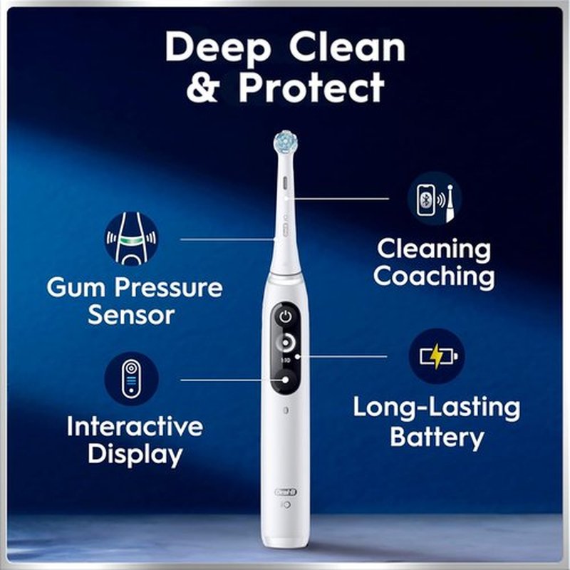 Oral-B iO7 Rechargeable Electric Toothbrush - Deep Clean & Protect, 5 Modes, Interactive Display, White