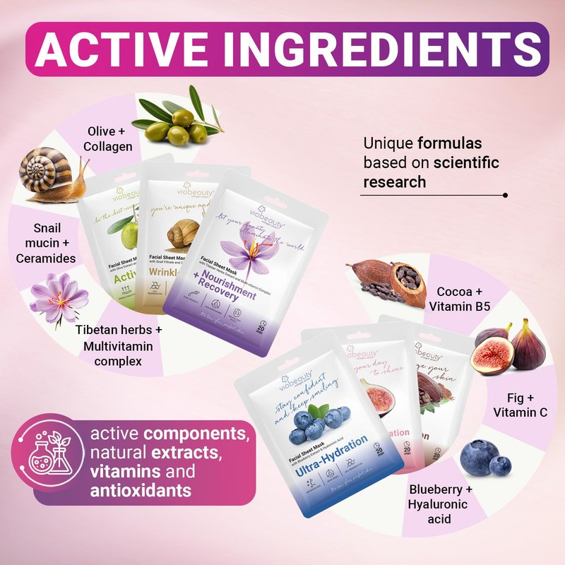 VIABEAUTY 12 Pack of Snail Mucin Mask Collagen Face Mask with Ceramides & Hyaluronic Acid Facial Sheet Mask - Rejuvenating, Deep Hydrating & Moisturizing Face Masks Skincare for All Skin Types