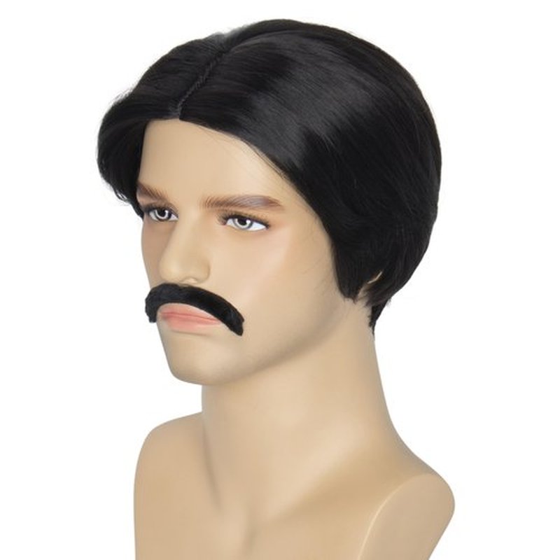Miss U Hair Men Short Black Straight Wig Distinct Center Parting Mustache Set Cosplay Party Wig