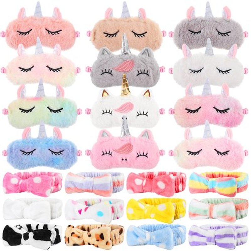 Hanaive 24 Pcs Sleepover Party Supplies Include 12 Unicorn Eye Mask and 12 Bowtie Hair Headband for Girls, Sleepover Party Favors for Women Sleeping Spa Makeup Supplies