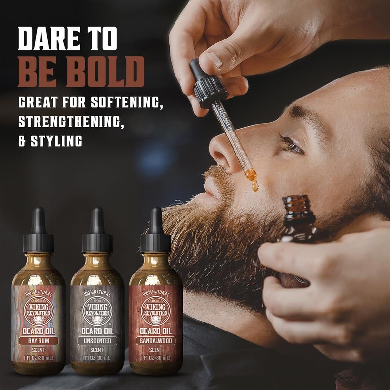 Viking Revolution Beard Oil - Natural Conditioning Oil Set for Men | Sandalwood, Unscented & Bay Rum (3 Pack, 1oz)