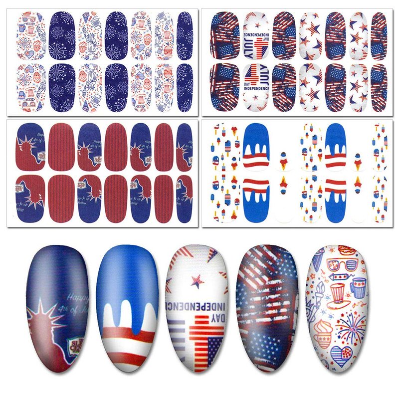WOKOTO 16 Pcs Independence Day Nail Strips Polish Stickers Fourth of July Self Adhesive Nail Stickers Wraps for Nails Set with 1 Pc Nail File 14 Tips Per Sheet Manicure Strips