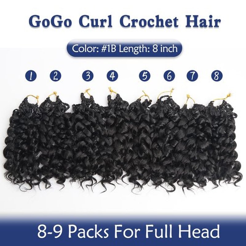 Mebeli GoGo Curl Crochet Hair,8inch Pre Looped Water Wave Beach Curl Ocean Wave Crochet Braiding Hair,8pcs Box Braids Short Curly Crochet Hair for Black Women (8inch,#1B)