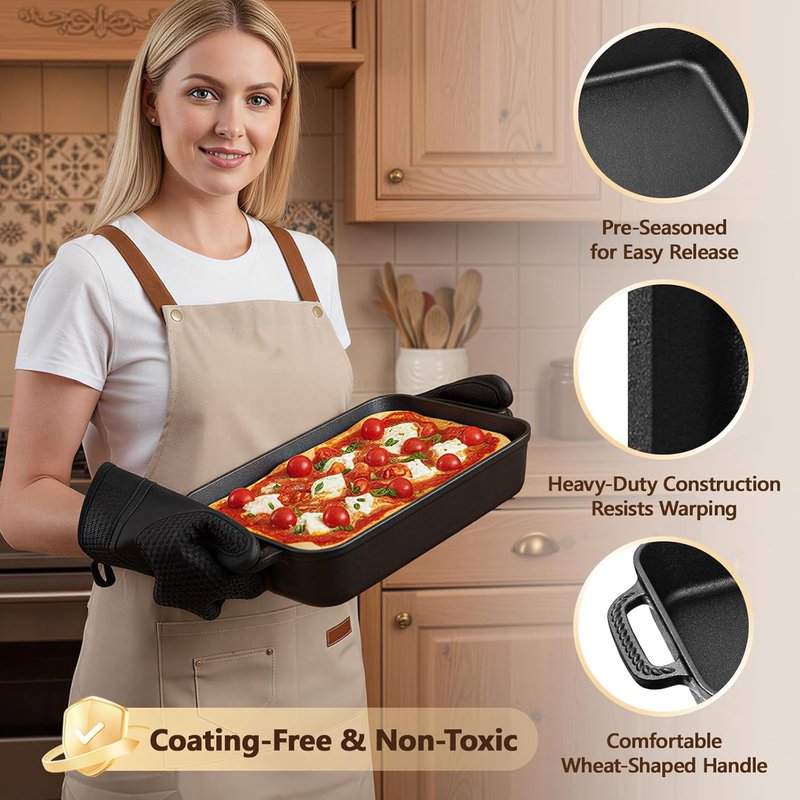 Cast Iron Detroit Pizza Pan - 9x13 Inch Pre-Seasoned Deep Dish for Perfect Casseroles & Lasagna