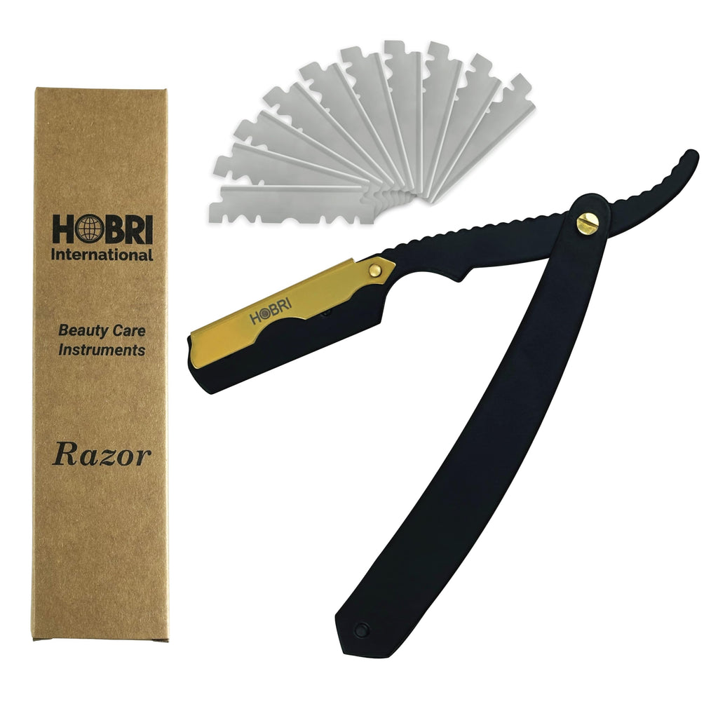 Premium Barber Straight Edge Razor with 10 Blades Men's Manual Shaver Salon Quality Razor (Black)
