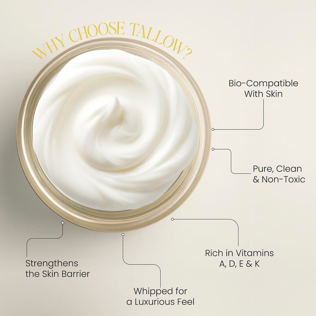 SKIN GLOW - Grass-Fed Whipped Beef Tallow for Menopausal & Mature Skin – Deep Nourishing Cream for Sensitive Skin – Face & Body - Simple, Non-Toxic - Castor Oil Infused, Light Aroma (VANILLA, 4oz)