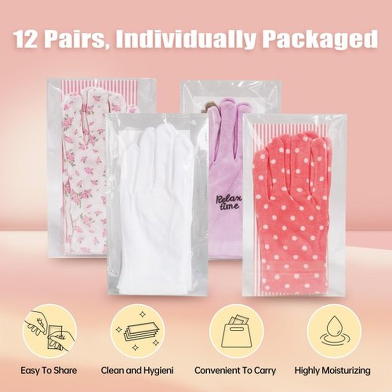 HandLove Premium 100% Cotton Gloves | Moisturizing Gloves for Dry Hands | Overnight Sleeping & Eczema | White Floral Dots, 12 Pairs