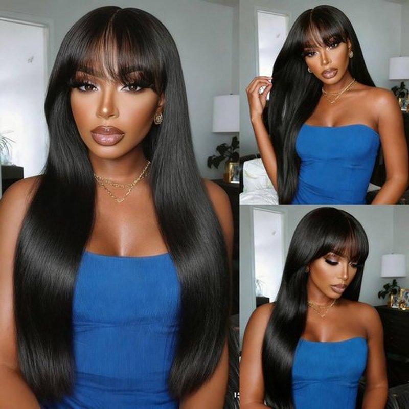 eddfine Straight Human Hair Wigs with Bangs 2x4 Lace Closure Wigs Human Hair 180% Density Drawstring Glueless Wigs Human Hair for Women Lace Front Wigs Human Hair Natural Black 18inch.