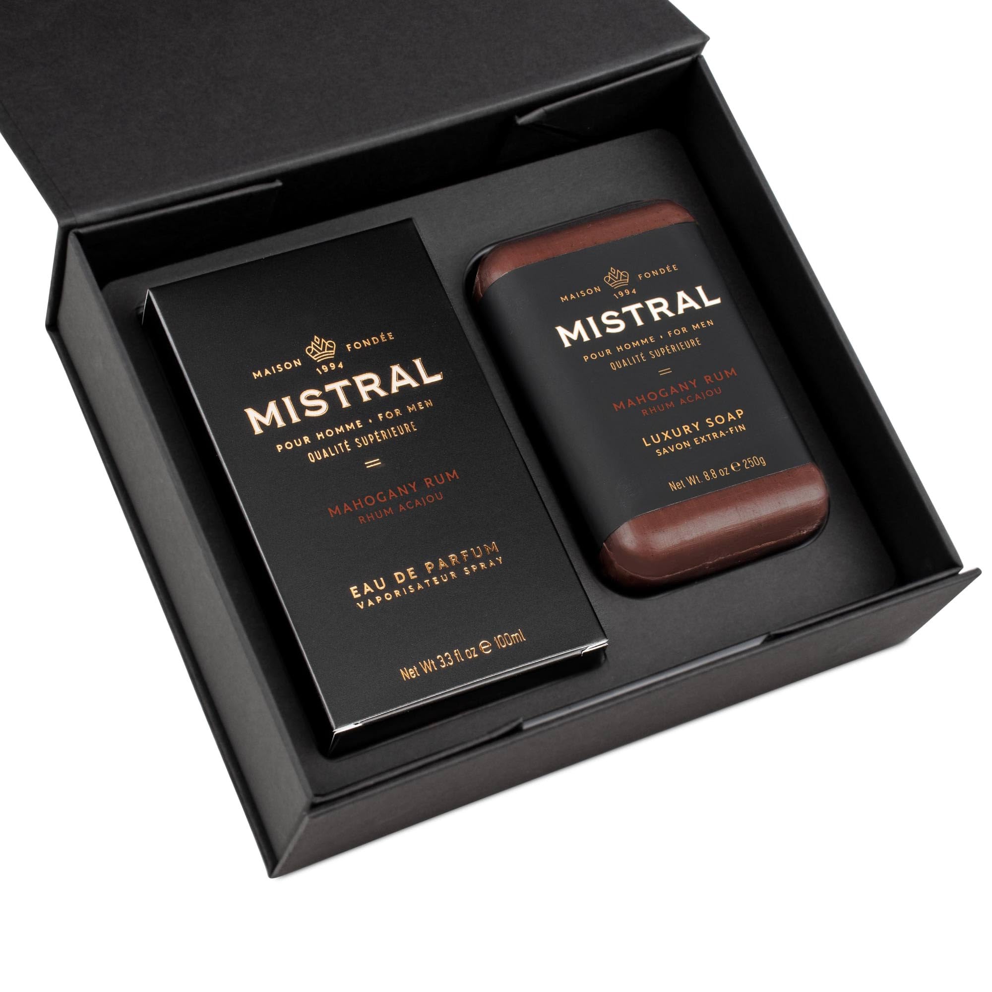 Mistral Mahogany Rum Men's Gift Set | Eau de Parfum 3.3oz Cologne Spray & 8.8oz Triple Milled Soap | Rum, Amber, Spice & Caramelized Woods Scent | Premium Men's Grooming Gift Set - Made in France