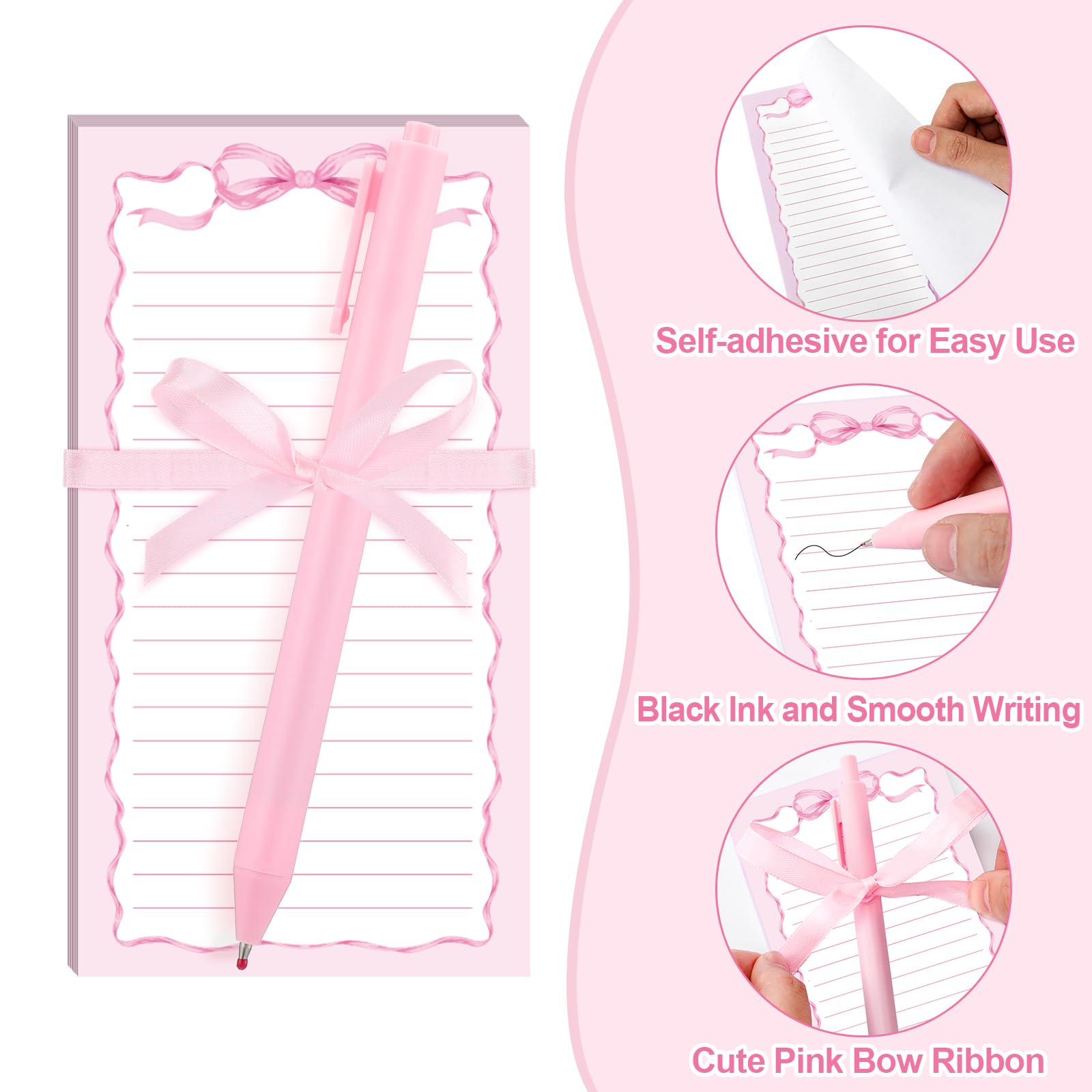 Thenshop 48 Pcs Pink Bow Sticky Notes and Pens Set Pink Notes Preppy Aesthetic Self Stick Notepads Ballpoint Pens for Coquette Supplies Bow Party Favors
