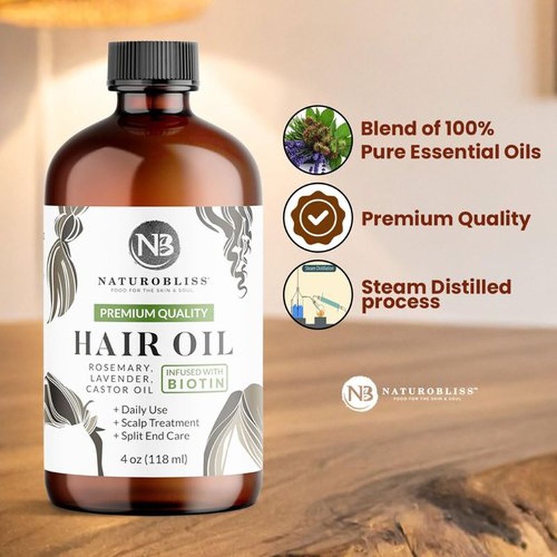 NaturoBliss Castor Rosemary Lavender Hair Oil 100% Pure and Natural-Best Oil for Hair Care, Eyelashes and Eyebrows-Hair and Body Oil-Infused with Biotin-Expeller-Pressed and Hexane-Free (4 Fl Oz)