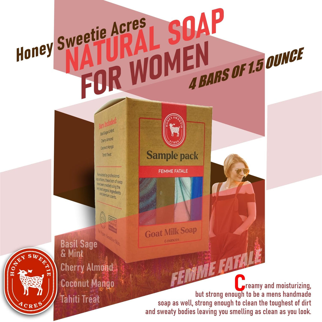 Honey Sweetie Acres Goat Milk Soap Travel Set – 4 Handmade Bars (1.5 oz Each) – Tahiti Treat, Coconut Mango, Cherry Almond, Basil Sage & Mint – All Natural Femme Scent Collection