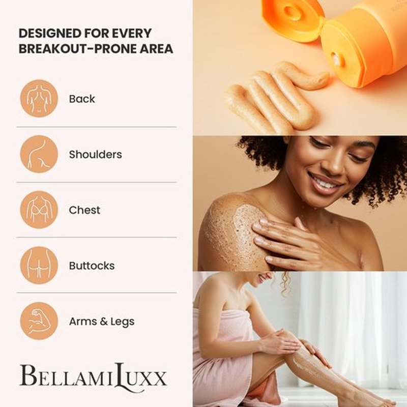 BellamiLuxx Body Acne Treatment Scrub: Helps Reduce Body Breakouts on Back, Chest, Butt & Thighs - Back Acne Treatment for Men, Women & Teens - Butt Acne Wash with Natural Actives for Smooth Skin