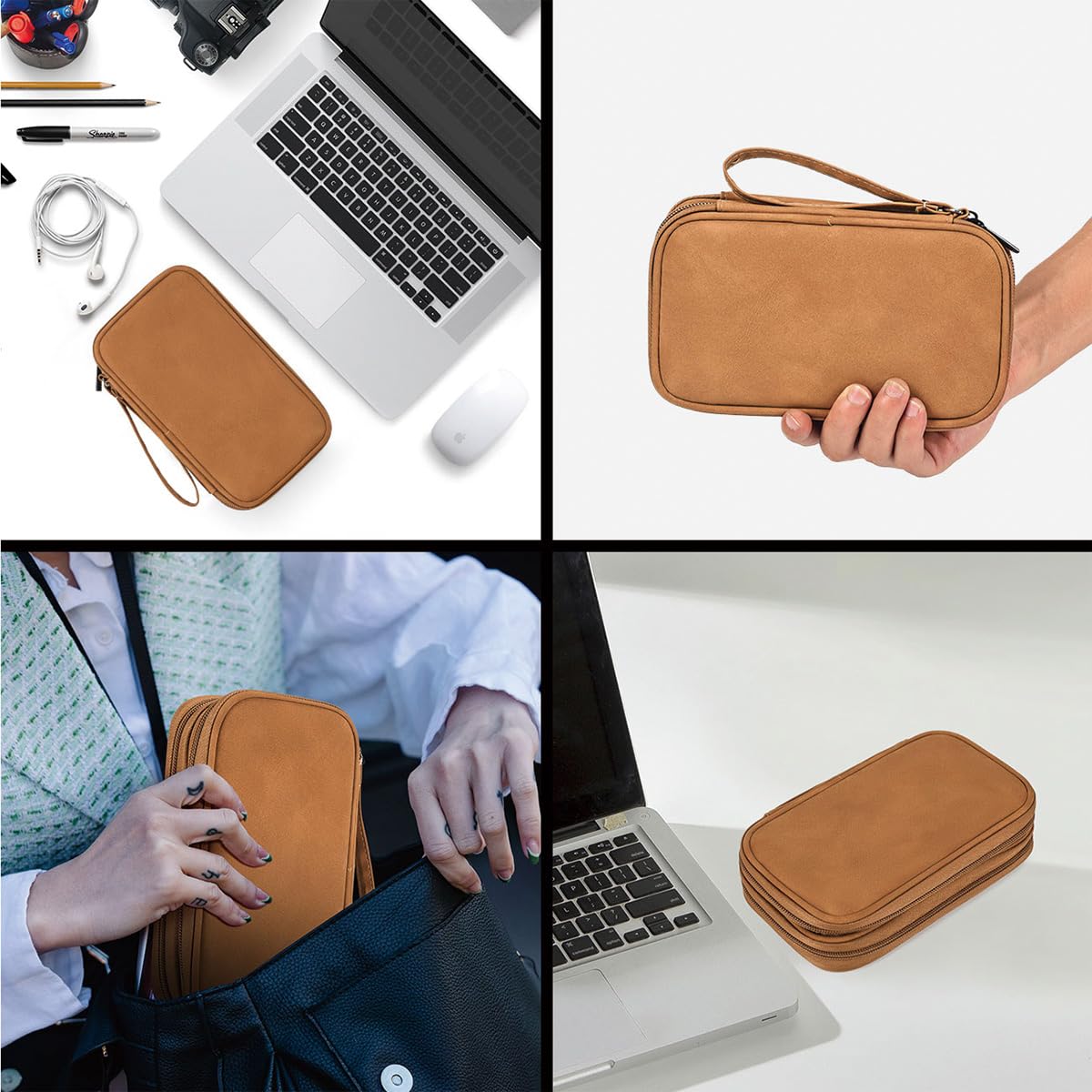 CAAORDKSO Travel Cable Organizer Pouch Electronic Accessories Carry Case Water Resistant Accessories Organizer Pouch Bag for Cable, Cord, Charger, USB, Phone, Power Bank, Earphone (Brown, Medium)