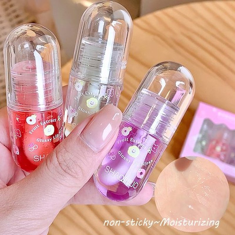 DENESTUP 4 Pcs Lip Gloss Oil Set, Fruit Flavored Lip Gloss Set Cute Lip Jelly Hydrating Lip Make-Up for Women, Party Gift, Non-toxic
